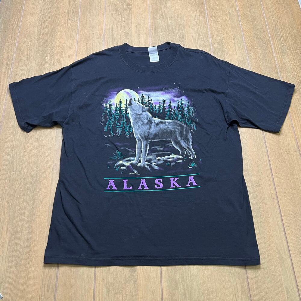 Y2K San Segal Alaska Wolfpack Print Black Tshirt Men's Sz XL